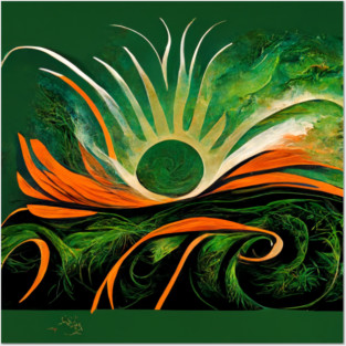 Bold, dramatic image of a green sun with rays extending out as it shines Posters and Art