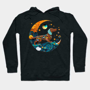 Dachshund Dog Fantasy Cute Crescent Moon Paper Quilling Digital Painting Hoodie