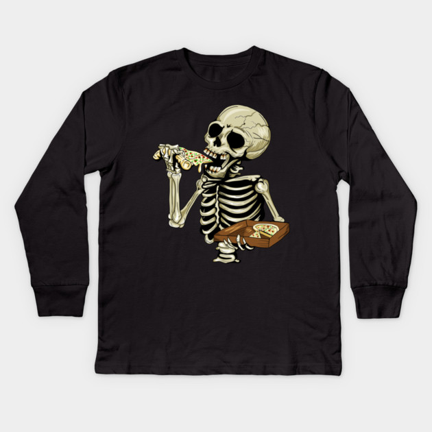 Pizza Lover, Funny Skeleton, Eating Pizza Kids Long Sleeve T-Shirt by logiamerch