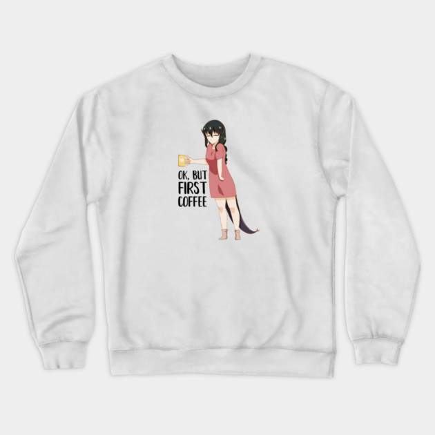First Coffee, Funny Coffee lover, Anime Girl Crewneck Sweatshirt by logiamerch