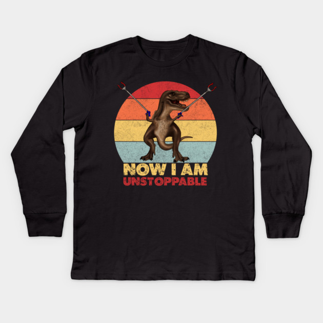 Funny T rex, with Pincers, Dinosaur, Unstoppable Kids Long Sleeve T-Shirt by logiamerch