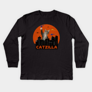 Funny Cat, Destroying, Catzilla Kids Long Sleeve T-Shirt