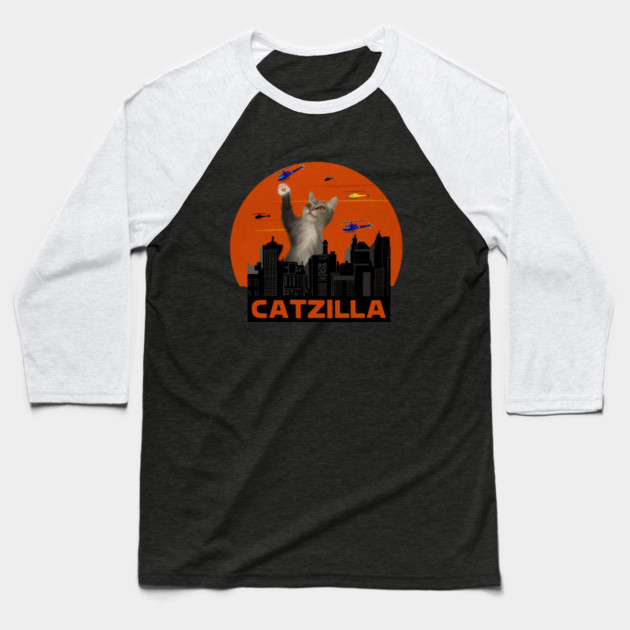 Funny Cat, Destroying, Catzilla Baseball T-Shirt by logiamerch