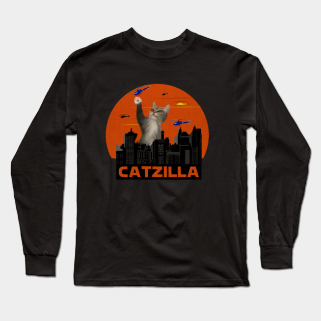Funny Cat, Destroying, Catzilla Long Sleeve T-Shirt by logiamerch