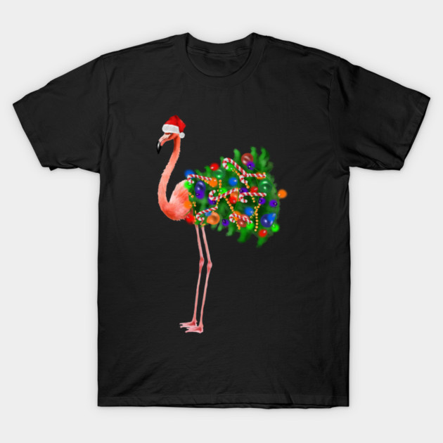 Flamingo Christmas Lights, Xmas Tree, Santa Hat T-Shirt by logiamerch