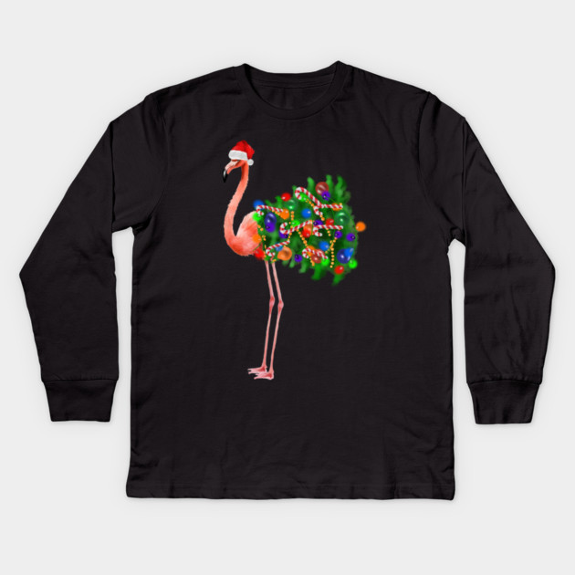Flamingo Christmas Lights, Xmas Tree, Santa Hat Kids Long Sleeve T-Shirt by logiamerch
