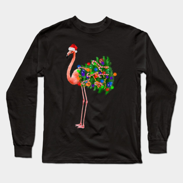 Flamingo Christmas Lights, Xmas Tree, Santa Hat Long Sleeve T-Shirt by logiamerch