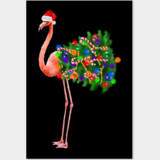 Flamingo Christmas Lights, Xmas Tree, Santa Hat Posters and Art