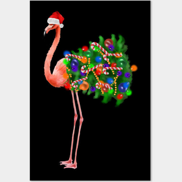Flamingo Christmas Lights, Xmas Tree, Santa Hat Wall Art by logiamerch