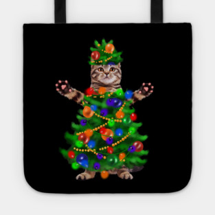 Funny Cat, Xmas Lights, Christmas Kitten Tote