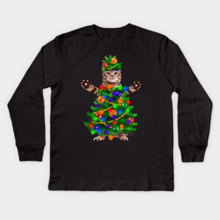 Funny Cat, Xmas Lights, Christmas Kitten Kids Long Sleeve T-Shirt