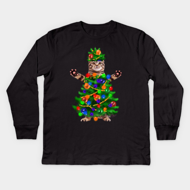Funny Cat, Xmas Lights, Christmas Kitten Kids Long Sleeve T-Shirt by logiamerch