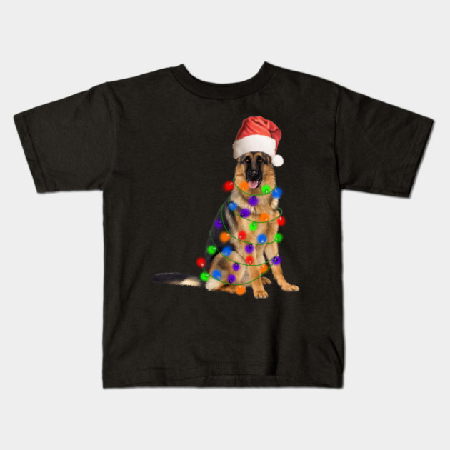 German Shepherd Dog, Xmas Lights, Santa Christmas Kids T-Shirt by logiamerch
