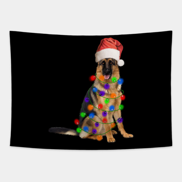 German Shepherd Dog, Xmas Lights, Santa Christmas Tapestry by logiamerch