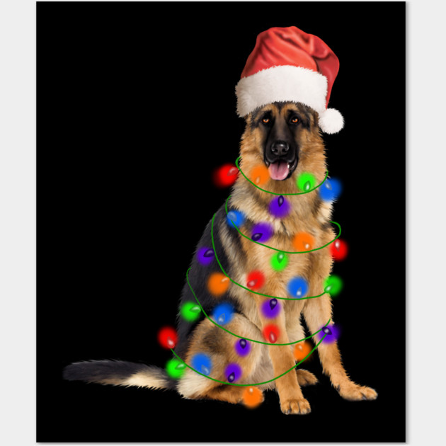 German Shepherd Dog, Xmas Lights, Santa Christmas Wall Art by logiamerch
