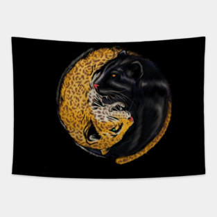 Yin Yang Symbol, Jaguar Cat, Black Panther Animal Tapestry