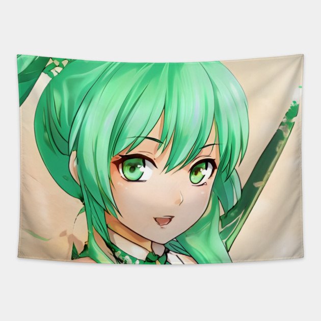 Green Hair Anime Girl Tapestry by animegirlnft