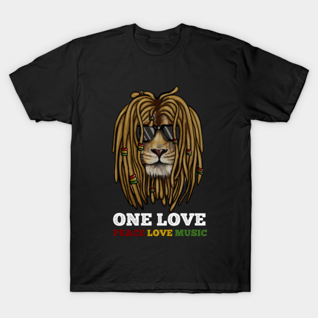 Rasta Lion, Peace Love Music, Jamaica T-Shirt by logiamerch
