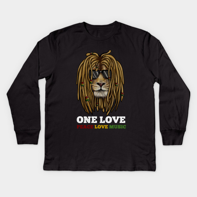Rasta Lion, Peace Love Music, Jamaica Kids Long Sleeve T-Shirt by logiamerch