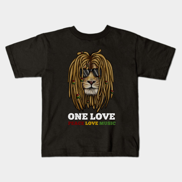 Rasta Lion, Peace Love Music, Jamaica Kids T-Shirt by logiamerch