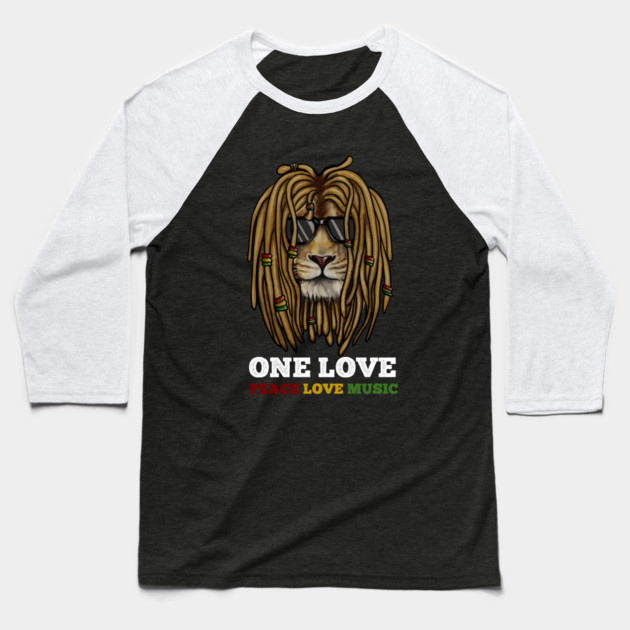 Rasta Lion, Peace Love Music, Jamaica Baseball T-Shirt by logiamerch