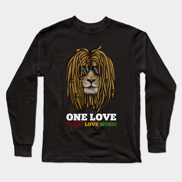 Rasta Lion, Peace Love Music, Jamaica Long Sleeve T-Shirt by logiamerch