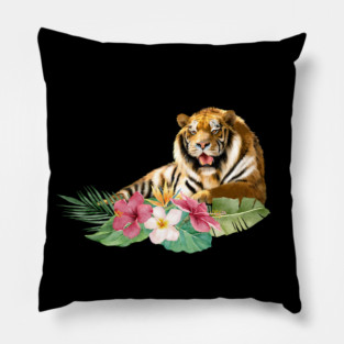 Tiger Big Cat, Tropical Floral, Animal Love Tigers Pillow