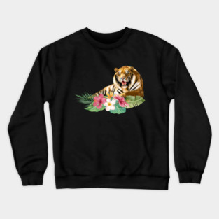 Tiger Big Cat, Tropical Floral, Animal Love Tigers Crewneck Sweatshirt