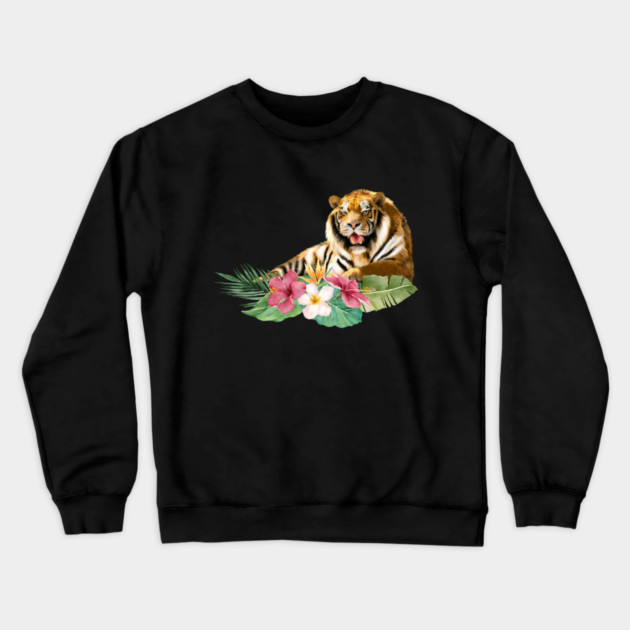 Tiger Big Cat, Tropical Floral, Animal Love Tigers Crewneck Sweatshirt by logiamerch