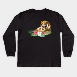 Tiger Big Cat, Tropical Floral, Animal Love Tigers Kids Long Sleeve T-Shirt