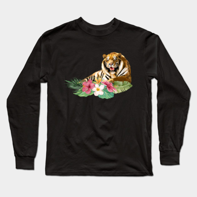 Tiger Big Cat, Tropical Floral, Animal Love Tigers Long Sleeve T-Shirt by logiamerch