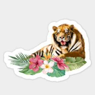 Tiger Big Cat, Tropical Floral, Animal Love Tigers Sticker