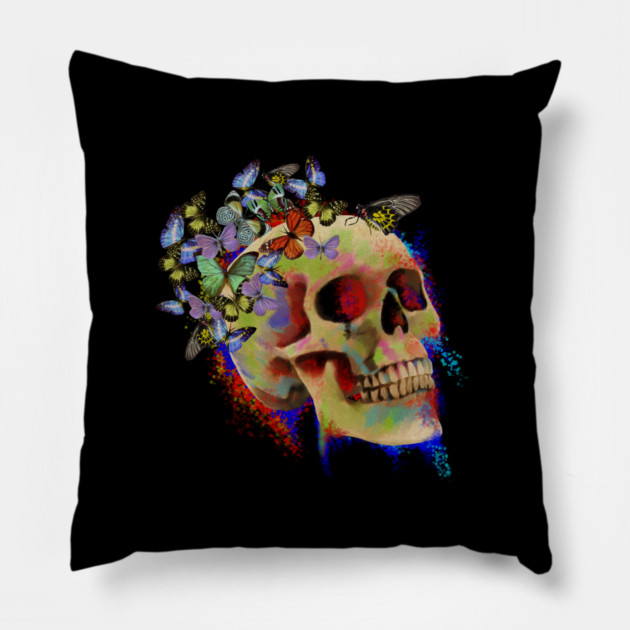 Colorful Skull with Butterflies Pillow by logiamerch