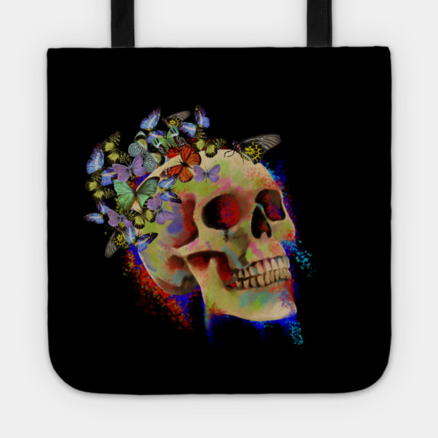 Colorful Skull with Butterflies Tote by logiamerch