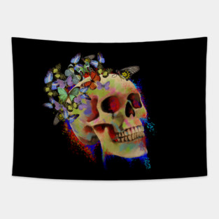 Colorful Skull with Butterflies Tapestry