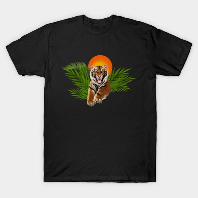 Tropical Tiger, Big Cat, Animal Sunset T-Shirt by logiamerch