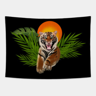 Tropical Tiger, Big Cat, Animal Sunset Tapestry