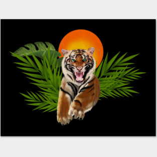Tropical Tiger, Big Cat, Animal Sunset Posters and Art