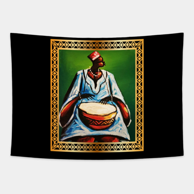 African Man Playing Drums, African Artwork Tapestry by logiamerch