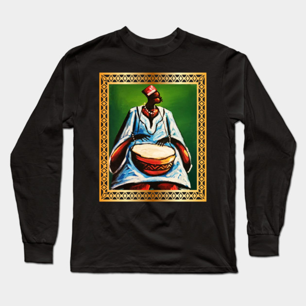 African Man Playing Drums, African Artwork Long Sleeve T-Shirt by logiamerch