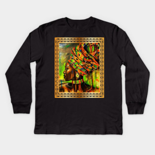 African Woman with Kente Pattern, African Artwork Kids Long Sleeve T-Shirt