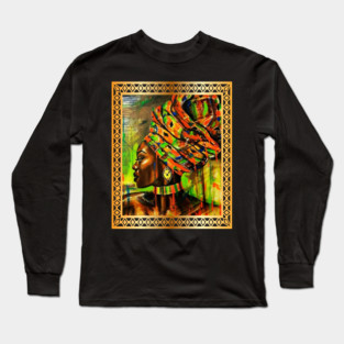 African Woman with Kente Pattern, African Artwork Long Sleeve T-Shirt