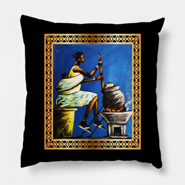 African Woman, African Mom Preparing Food, Back History Pillow by logiamerch