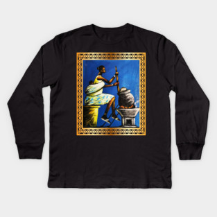 African Woman, African Mom Preparing Food, Back History Kids Long Sleeve T-Shirt