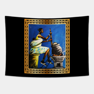 African Woman, African Mom Preparing Food, Back History Tapestry