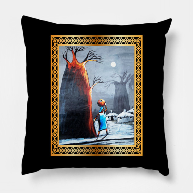 African Artwork, African Woman with Tree Pillow by logiamerch