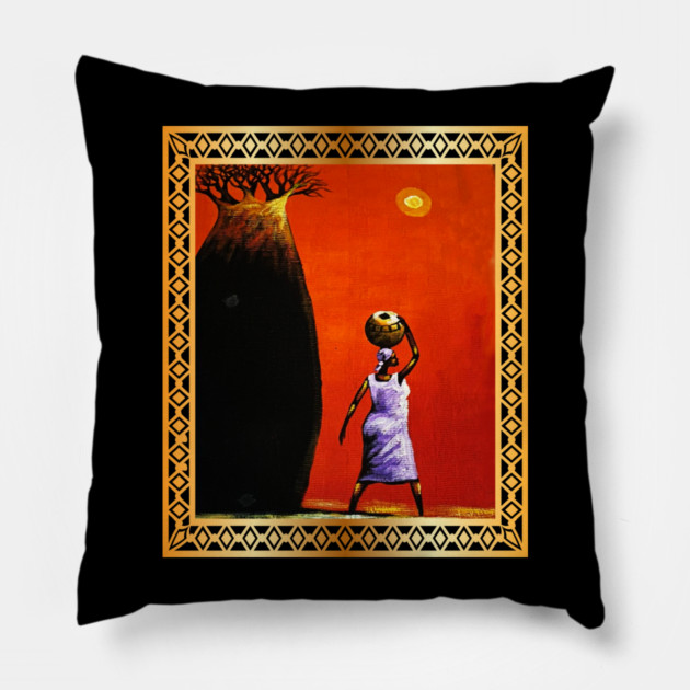 African Woman Artwork, African Tree Sunset Pillow by logiamerch