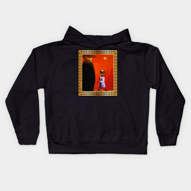 African Woman Artwork, African Tree Sunset Kids Hoodie by logiamerch