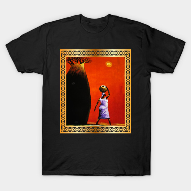 African Woman Artwork, African Tree Sunset T-Shirt by logiamerch