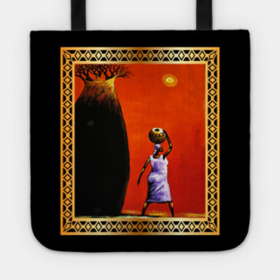 African Woman Artwork, African Tree Sunset Tote
